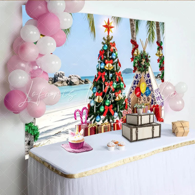Lofaris Tropical Beach Christmas Backdrop with Palm Trees and Decorated Tree Festive Holiday Background for Winter Vacation Party