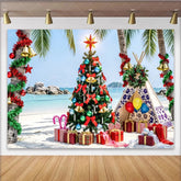 Lofaris Tropical Beach Christmas Backdrop with Palm Trees and Decorated Tree Festive Holiday Background for Winter Vacation Party