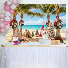 Lofaris Tropical Beach Christmas Backdrop with Palm Trees and Gingerbread House Festive Holiday Background for Party Decoration