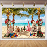 Lofaris Tropical Beach Christmas Backdrop with Palm Trees and Gingerbread House Festive Holiday Background for Party Decoration