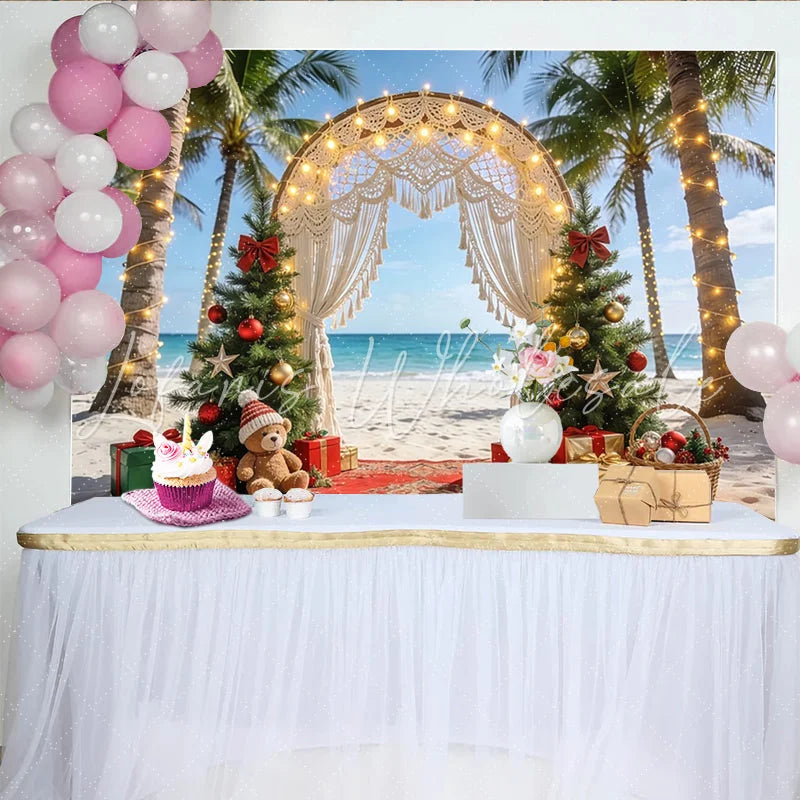 Lofaris Tropical Beach Christmas Backdrop with Palm Trees and Macrame Arch Festive Holiday Photography Background for Winter Party Decor