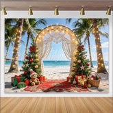 Lofaris Tropical Beach Christmas Backdrop with Palm Trees and Macrame Arch Festive Holiday Photography Background for Winter Party Decor
