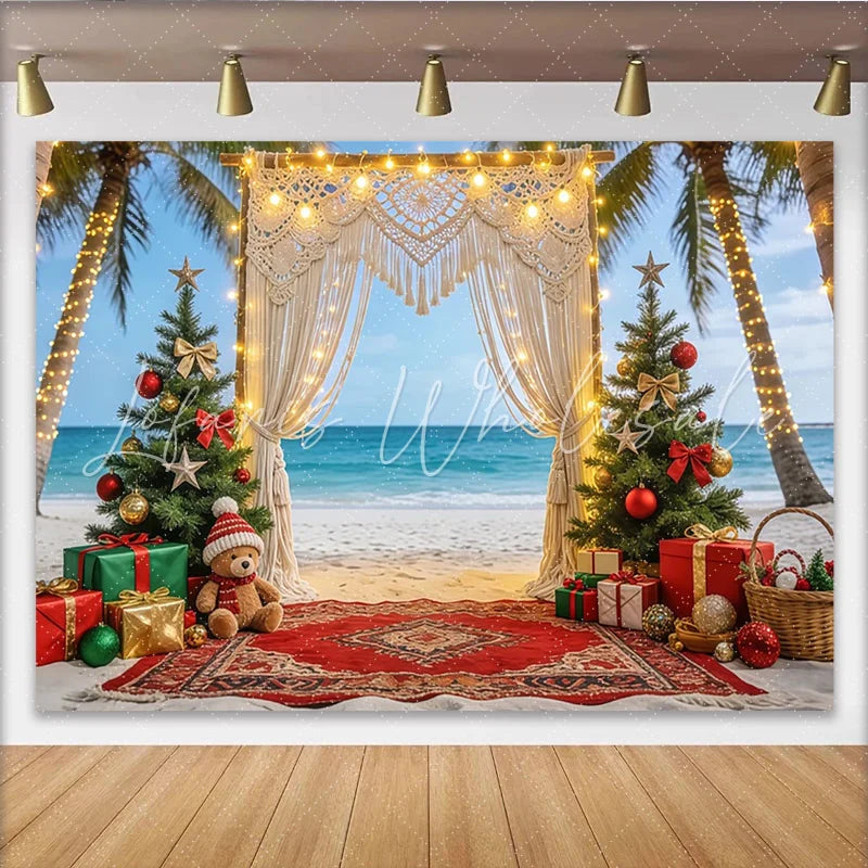Lofaris Tropical Beach Christmas Backdrop with Palm Trees and Macrame Arch Festive Photography Background for Holiday and Party Decoration