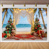 Lofaris Tropical Beach Christmas Backdrop with Palm Trees and Macrame Arch Festive Photography Background for Holiday and Party Decoration