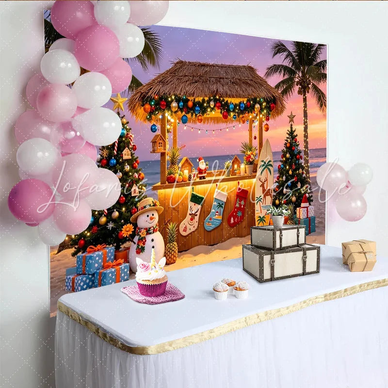 Lofaris Tropical Beach Christmas Backdrop with Palm Trees and Tiki Bar Festive Holiday Background for Winter Vacation Party