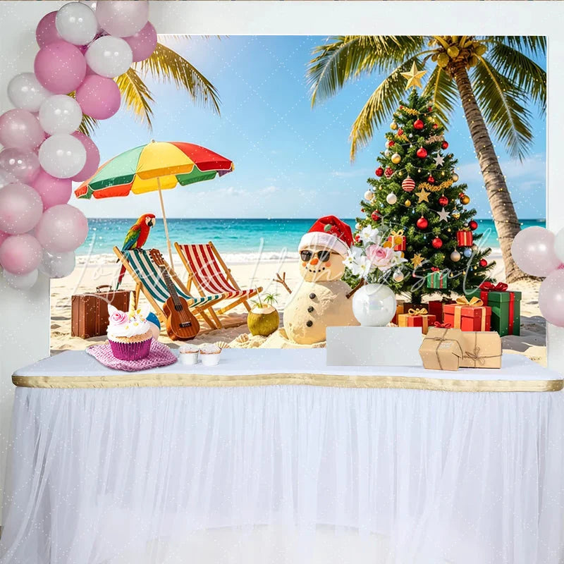 Lofaris Tropical Beach Christmas Backdrop with Snowman and Palm Trees Festive Holiday Scene Background for Party Decor and Photography.