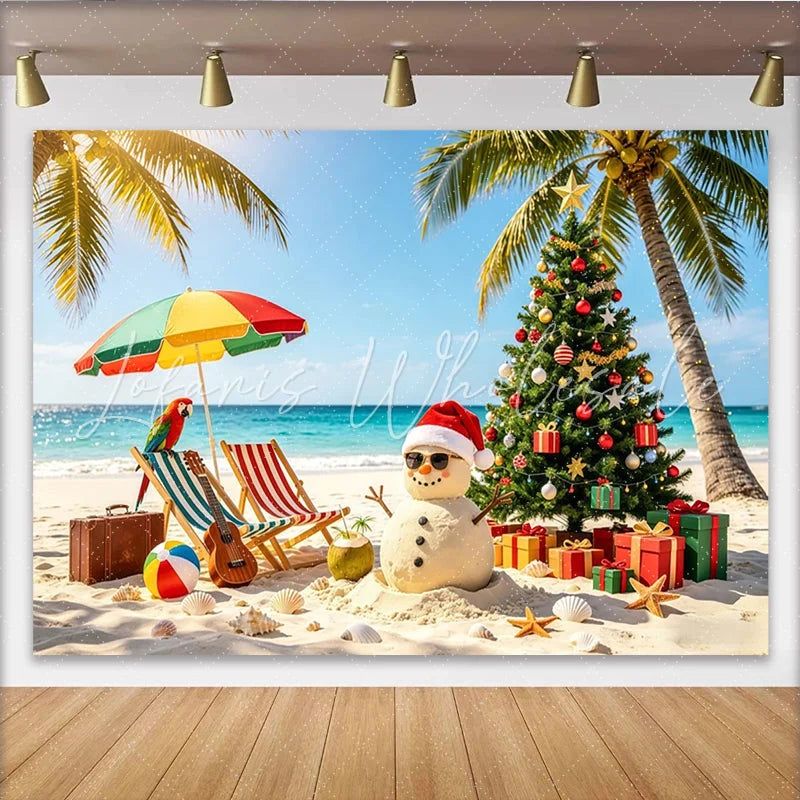 Lofaris Tropical Beach Christmas Backdrop with Snowman and Palm Trees Festive Holiday Scene Background for Party Decor and Photography.