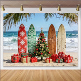 Lofaris Tropical Beach Christmas Backdrop with Surfboards and Presents Festive Holiday Background for Winter Vacation Party Decor