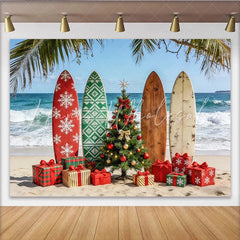 Lofaris Tropical Beach Christmas Backdrop with Surfboards and Presents Festive Holiday Background for Winter Vacation Party Decor