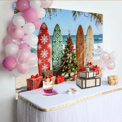 Lofaris Tropical Beach Christmas Backdrop with Surfboards and Presents Festive Holiday Background for Winter Vacation Party Decor