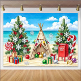 Lofaris Tropical Beach Christmas Backdrop with Teepee and Presents Festive Holiday Background for Winter Beach Party Photography