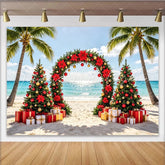 Lofaris Tropical Beach Christmas Holiday Backdrop with Palm Trees and Poinsettias Festive Red and Gold Decor for Winter Vacation Photography