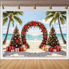 Lofaris Tropical Beach Christmas Holiday Backdrop with Palm Trees and Poinsettias Festive Red and Gold Decor for Winter Vacation Photography