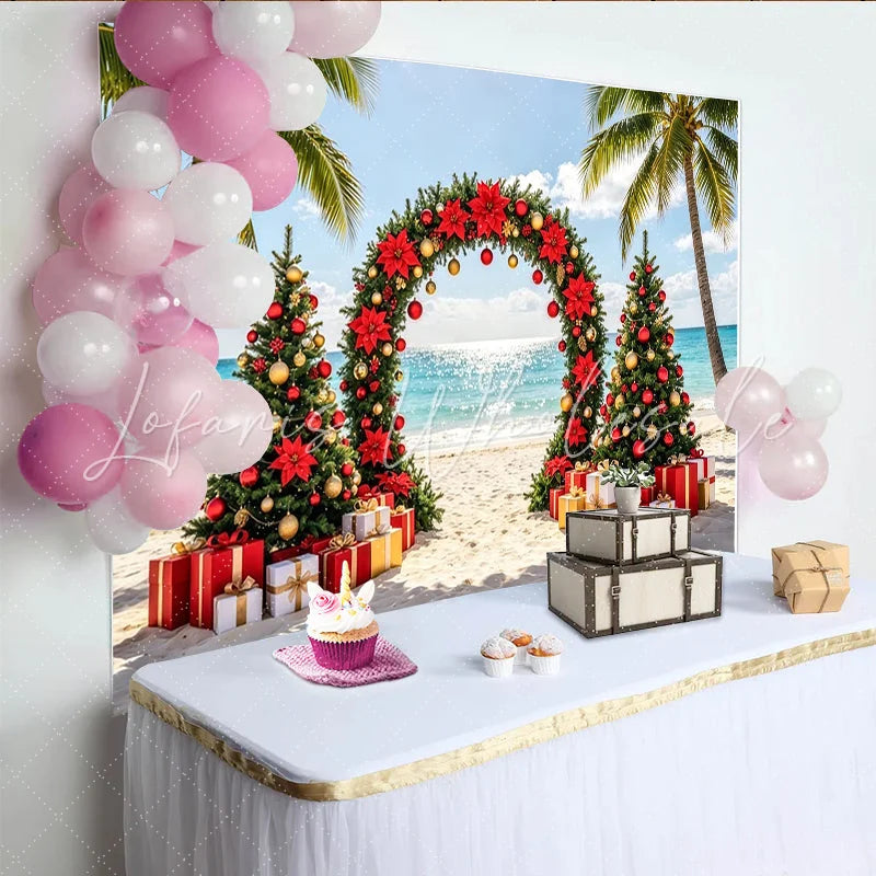 Lofaris Tropical Beach Christmas Holiday Backdrop with Palm Trees and Poinsettias Festive Red and Gold Decor for Winter Vacation Photography