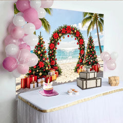 Lofaris Tropical Beach Christmas Holiday Backdrop with Palm Trees and Poinsettias Festive Red and Gold Decor for Winter Vacation Photography
