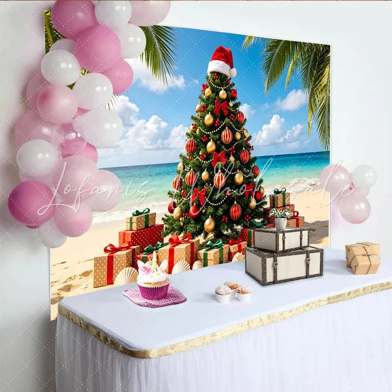 Lofaris Tropical Beach Christmas Tree Backdrop with Gifts and Palm Trees Festive Holiday Background for Summer Party Decoration