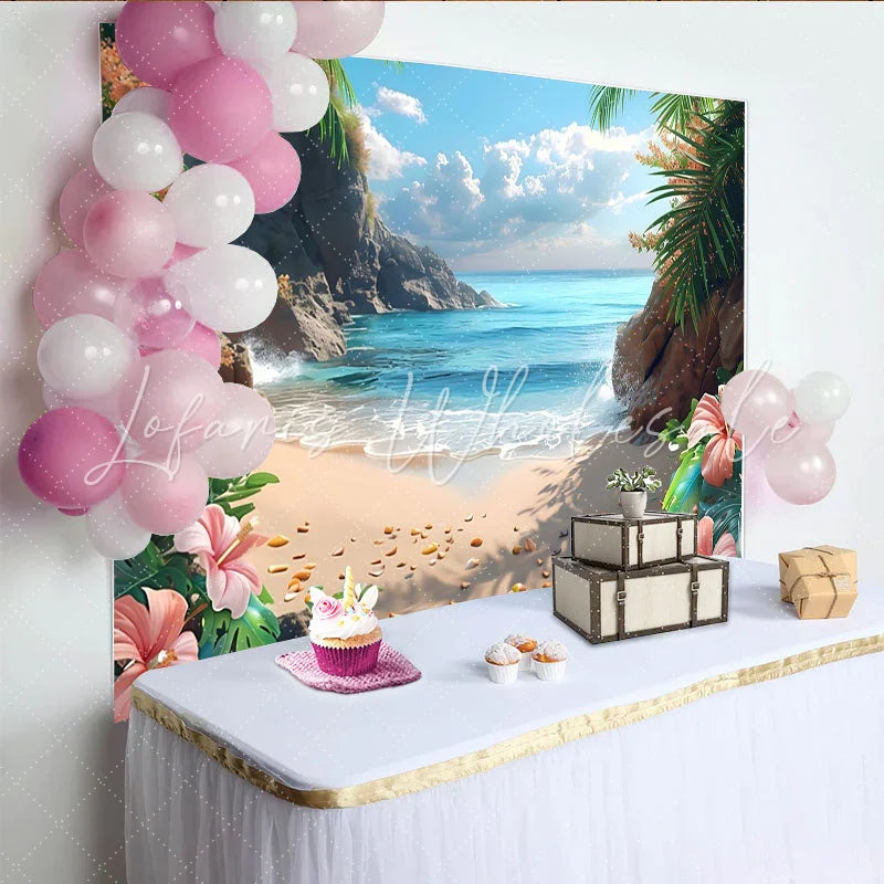 Lofaris Tropical Beach Photography Backdrop with Blue Ocean and Palm Trees Scenic Nature Background for Summer Vacation Photoshoot