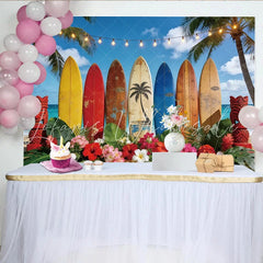 Lofaris Tropical Beach Photography Backdrop with Colorful Surfboards Summer Party Decor and Photo Booth Prop