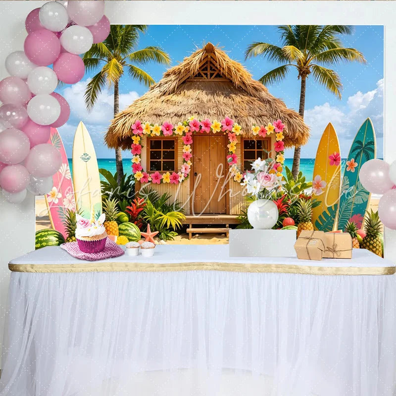 Lofaris Tropical Beach Photography Backdrop with Hawaiian Hut Surfboards and Palm Trees Summer Vacation Party Decor for Photoshoot