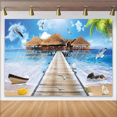 Lofaris Tropical Beach Photography Backdrop with Overwater Bungalows and Wooden Pier Blue Ocean Scenery Background for Studio Photoshoot