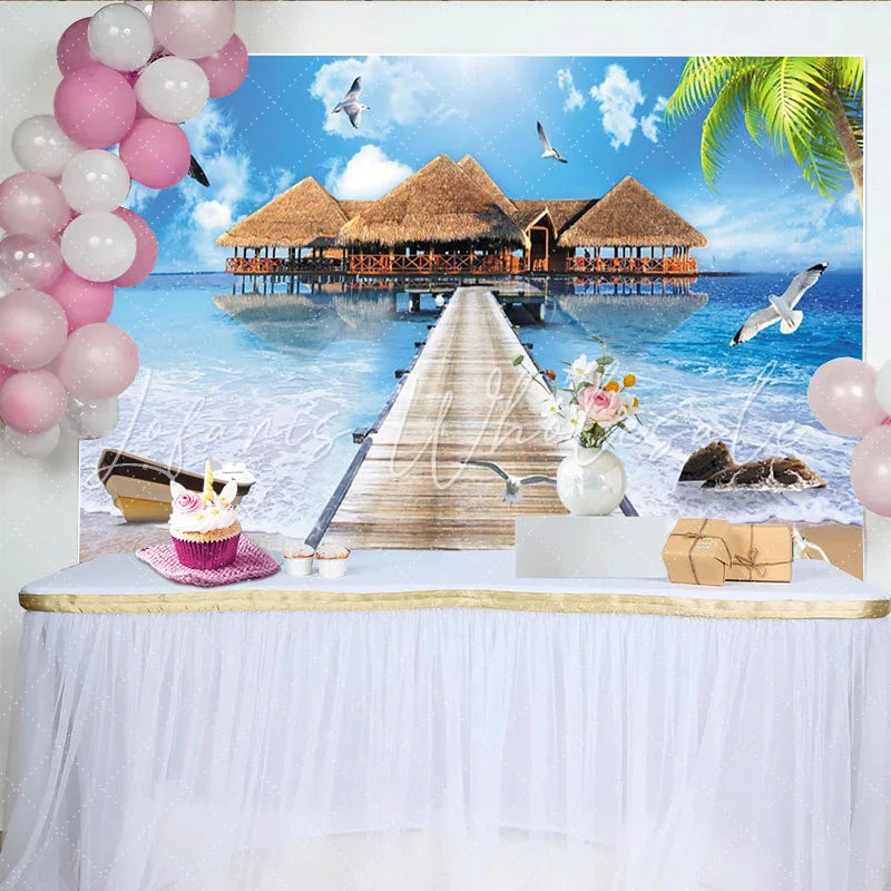 Lofaris Tropical Beach Photography Backdrop with Overwater Bungalows and Wooden Pier Blue Ocean Scenery Background for Studio Photoshoot