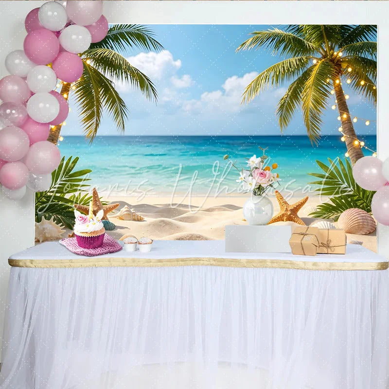 Lofaris Tropical Beach Photography Backdrop with Palm Trees String Lights Vibrant Ocean Background for Summer Vacation
