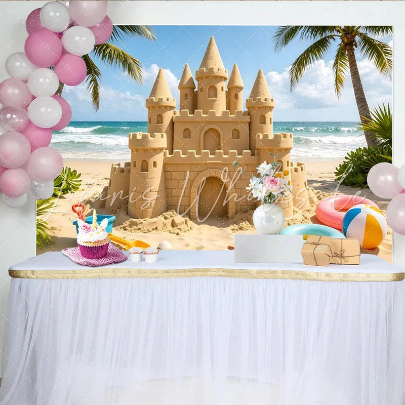 Lofaris Tropical Beach Sandcastle Photography Backdrop with Palm Trees and Ocean Waves Summer Vacation Background for Kids Party Photo Booth
