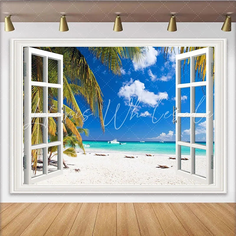Lofaris Tropical Beach View Open Window Backdrop Vibrant Ocean Palm Tree Photography Background for Studio Photoshoot