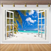 Lofaris Tropical Beach View Open Window Backdrop Vibrant Ocean Palm Tree Photography Background for Studio Photoshoot