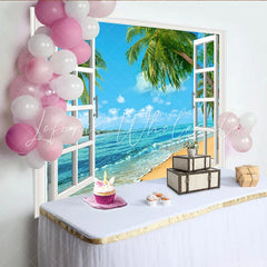 Lofaris Tropical Beach Window Photography Backdrop with Open White Frame Scenic Ocean View for Studio Photoshoot