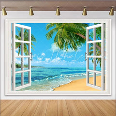 Lofaris Tropical Beach Window Photography Backdrop with Open White Frame Scenic Ocean View for Studio Photoshoot