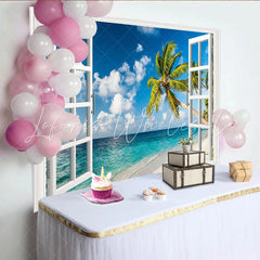 Lofaris Tropical Beach Window Photography Backdrop with Palm Trees and Blue Ocean Scenic Studio Background for Summer Photoshoot