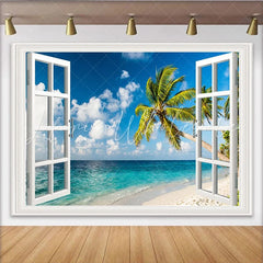 Lofaris Tropical Beach Window Photography Backdrop with Palm Trees and Blue Ocean Scenic Studio Background for Summer Photoshoot