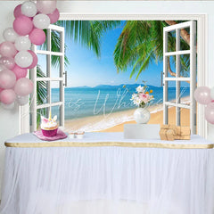 Lofaris Tropical Beach Window Photography Backdrop with Palm Trees Scenic Ocean View Background for Summer Vacation Photoshoot