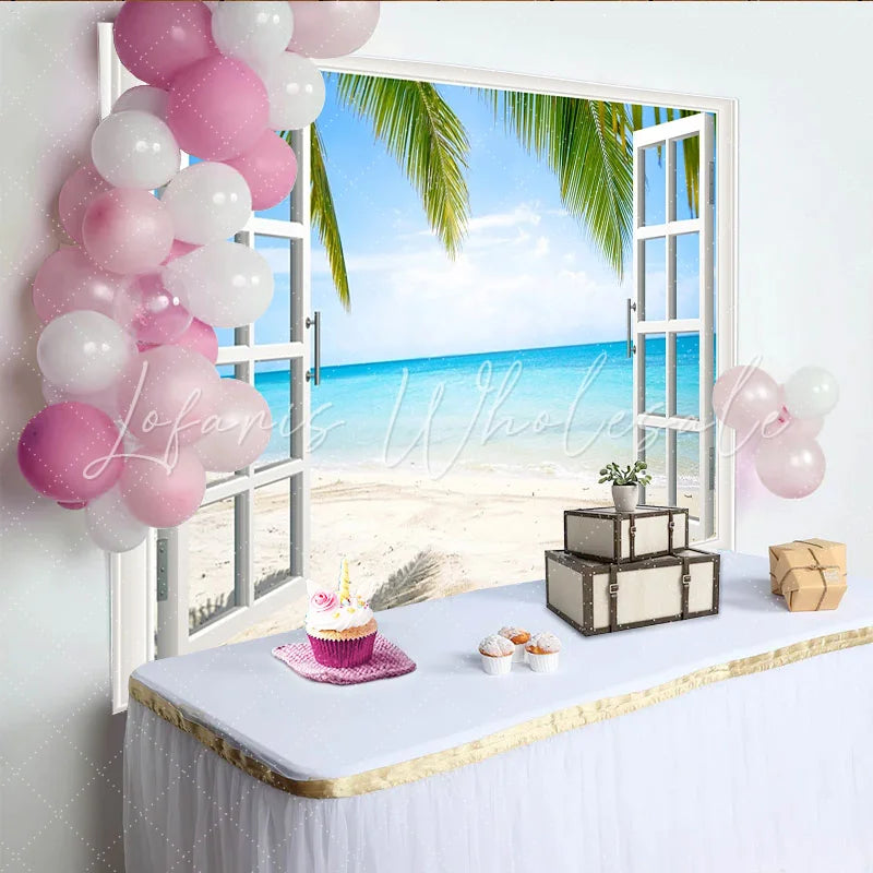Lofaris Tropical Beach Window View Photography Backdrop Blue Ocean and Palm Trees Background for Studio Photoshoot