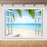 Lofaris Tropical Beach Window View Photography Backdrop Blue Ocean and Palm Trees Background for Studio Photoshoot