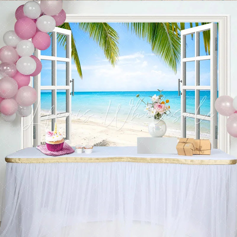 Lofaris Tropical Beach Window View Photography Backdrop Blue Ocean and Palm Trees Background for Studio Photoshoot