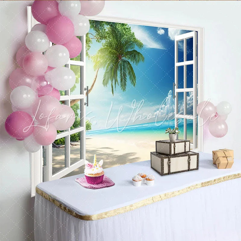Lofaris Tropical Beach Window View Photography Backdrop with Palm Tree Ocean Scenery Vibrant Summer Vacation Background for Studio