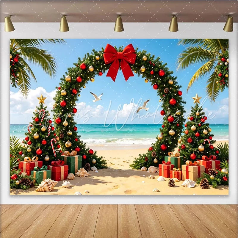 Lofaris Tropical Christmas Arch Backdrop with Palm Trees Ocean and Red Gold Ornaments Festive Beach Holiday Background for Party Photography