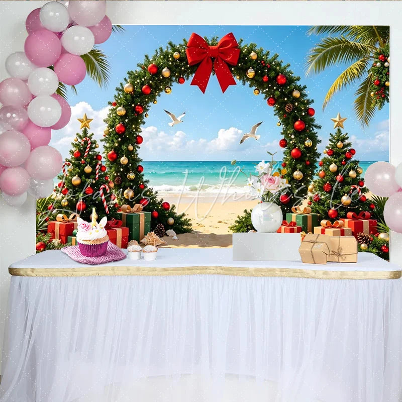 Lofaris Tropical Christmas Arch Backdrop with Palm Trees Ocean and Red Gold Ornaments Festive Beach Holiday Background for Party Photography