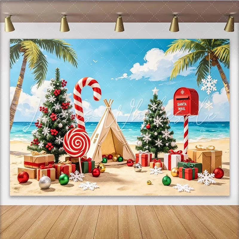 Lofaris Tropical Christmas Backdrop with Palm Trees and Santa Mailbox Beach Holiday Photography Background for Festive Decor