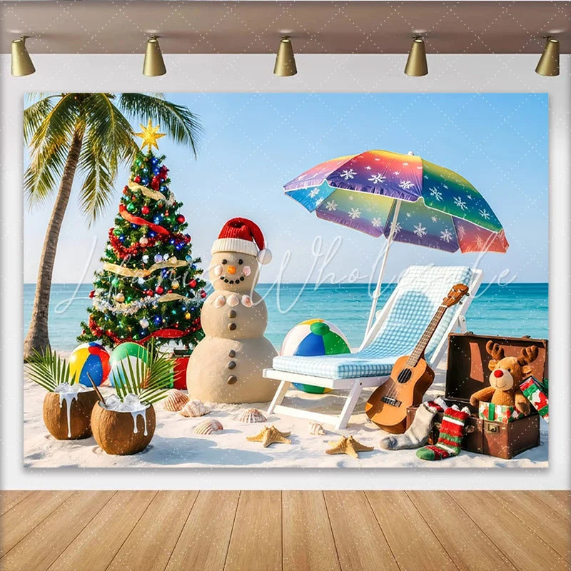 Lofaris Tropical Christmas Backdrop with Sand Snowman and Palm Tree Vibrant Beach Holiday Background for Summer Party Photography
