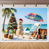 Lofaris Tropical Christmas Backdrop with Sand Snowman and Palm Tree Vibrant Beach Holiday Background for Summer Party Photography