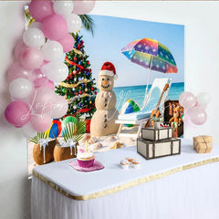 Lofaris Tropical Christmas Backdrop with Sand Snowman and Palm Tree Vibrant Beach Holiday Background for Summer Party Photography