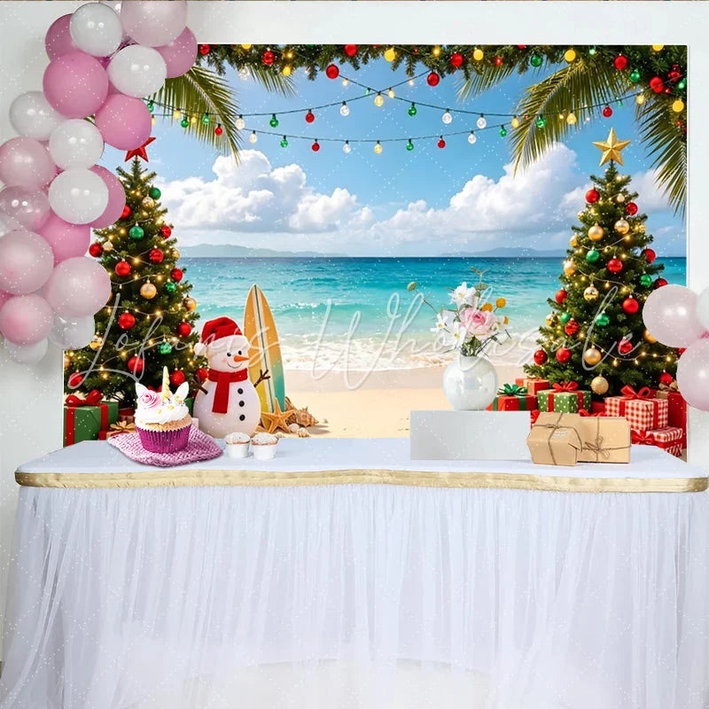 Lofaris Tropical Christmas Backdrop with Snowman and Decorated Palm Trees Vibrant Beach Scene Background for Holiday Party Decoration