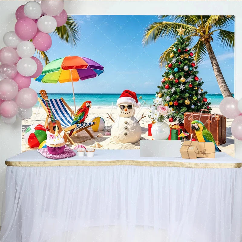 Lofaris Tropical Christmas Backdrop with Snowman Palm Trees and Gifts Vibrant Holiday Background for Festive Beach Party Decor