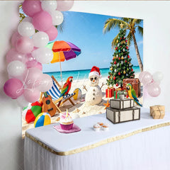 Lofaris Tropical Christmas Backdrop with Snowman Palm Trees and Gifts Vibrant Holiday Background for Festive Beach Party Decor