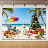 Lofaris Tropical Christmas Backdrop with Snowman Palm Trees and Gifts Vibrant Holiday Background for Festive Beach Party Decor