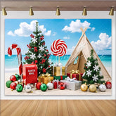 Lofaris Tropical Christmas Beach Backdrop with Candy Cane and Santa Mailbox Vibrant Holiday Photography Background for Summer Party Decor