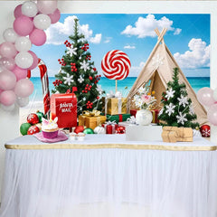 Lofaris Tropical Christmas Beach Backdrop with Candy Cane and Santa Mailbox Vibrant Holiday Photography Background for Summer Party Decor